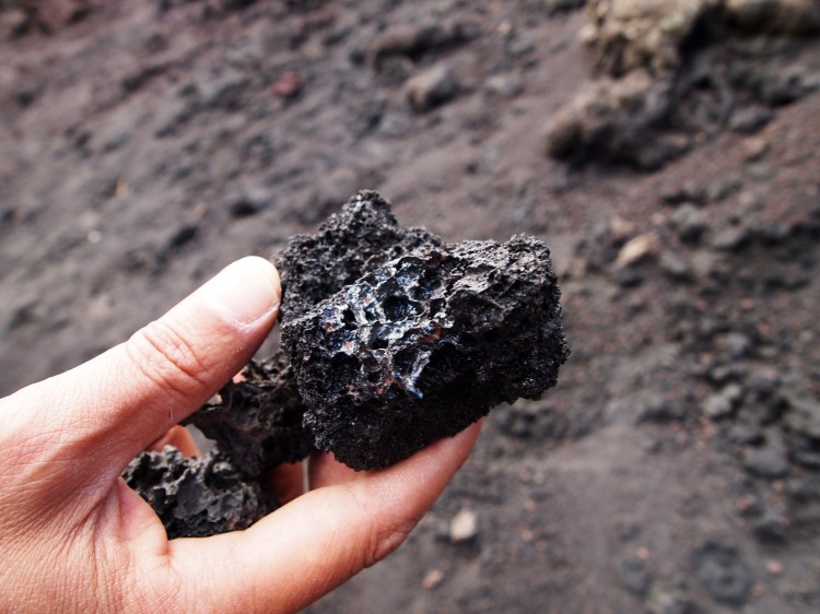 Sometimes, the basalt has lots of different minerals in it - like this chunk - that make it extra shiny. 